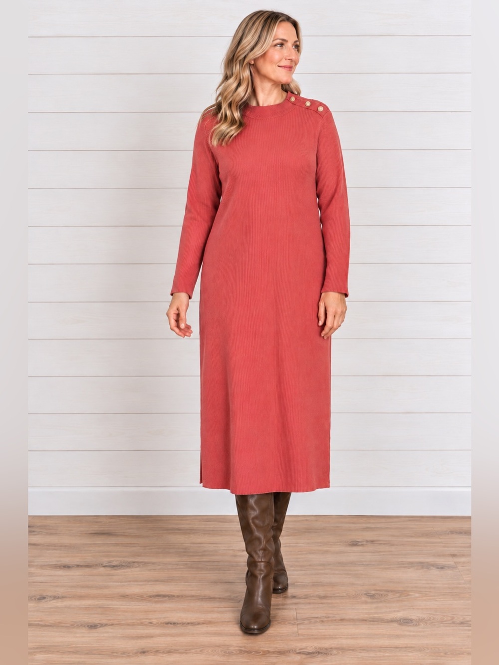 NWT Talbots Plus 3X Salmon Coral Ribbed Sweater Dress Gold Shoulder Buttons